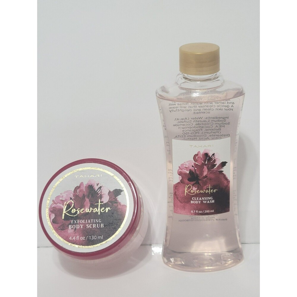 Tahari ROSEWATER Scented Body Wash 6.7 fl oz & Exfoliating Body Scrub 4.4 fl oz